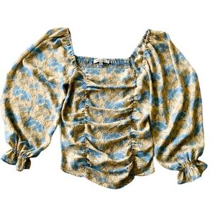 Rose + Olive Blue Floral Bohemian Cottagecore Ruched Ruffle Top XS